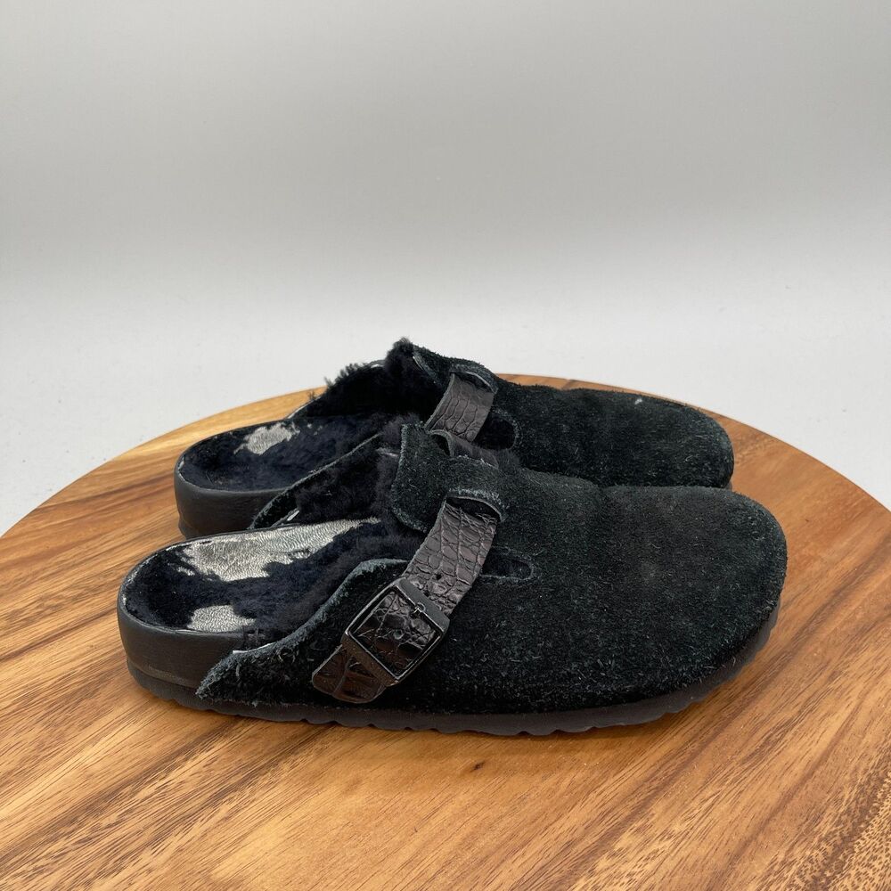 Birkenstock Boston Shearling Sandals Womens Size 8 / 39 Black Suede Casual *FLAW